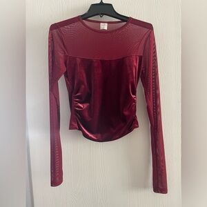 wild fable Burgundy Velvet & Mesh Long Sleeve Top